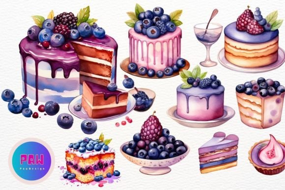 Download Blueberry Cake Bundle Watercolor Clipart - Cake bundle Collection